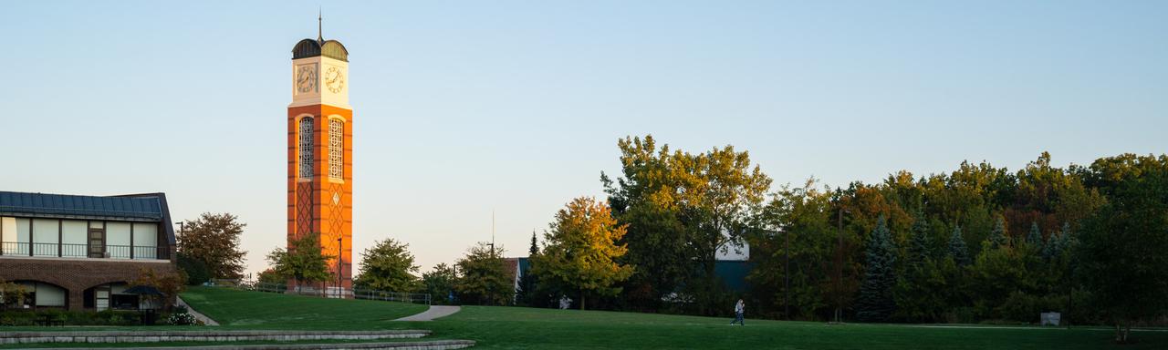 GVSU Clock Tower reflection over a pond